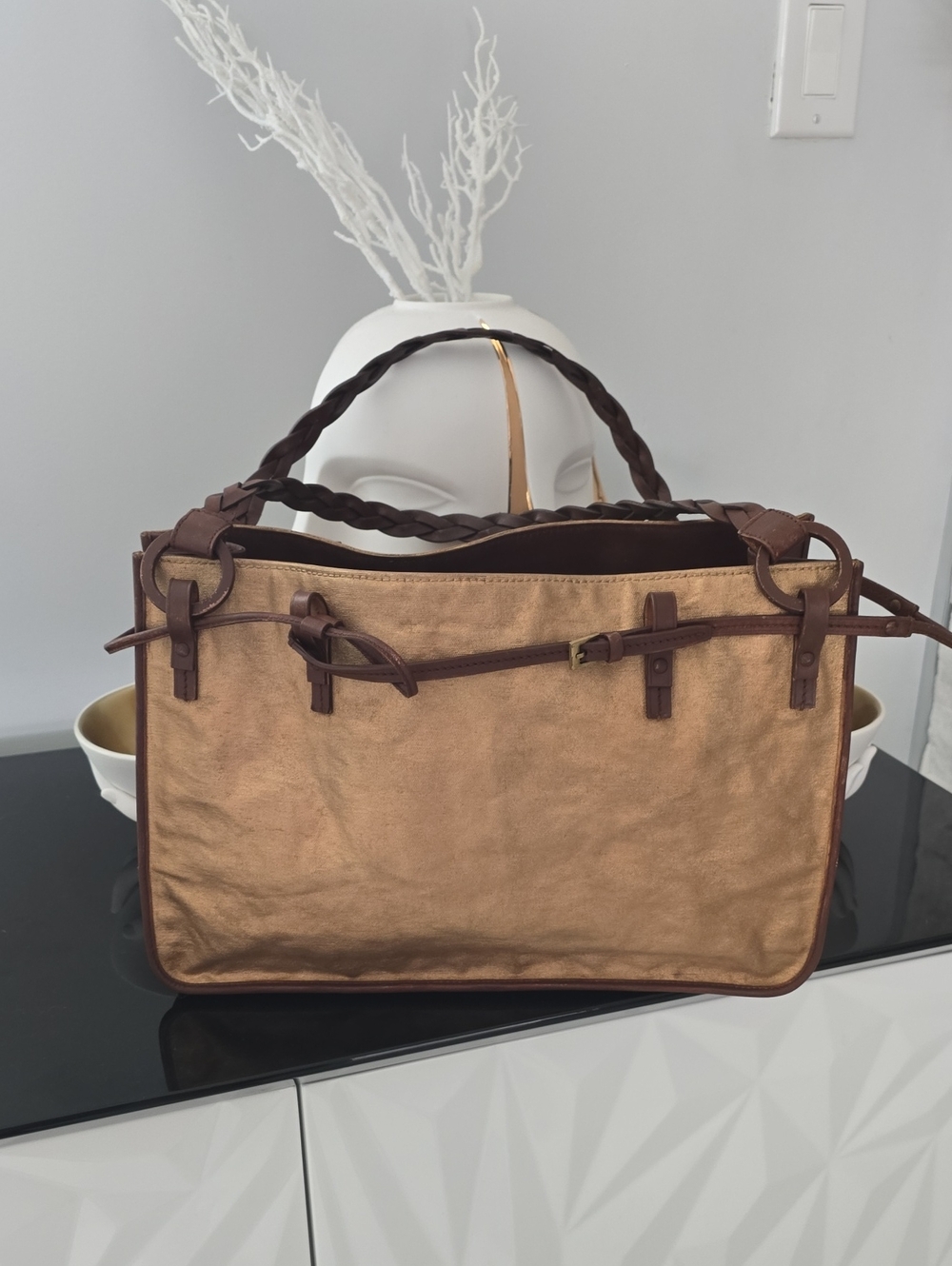 Gucci Metallic Brown Canvas Laptop Tote with Braided Handles Vintage